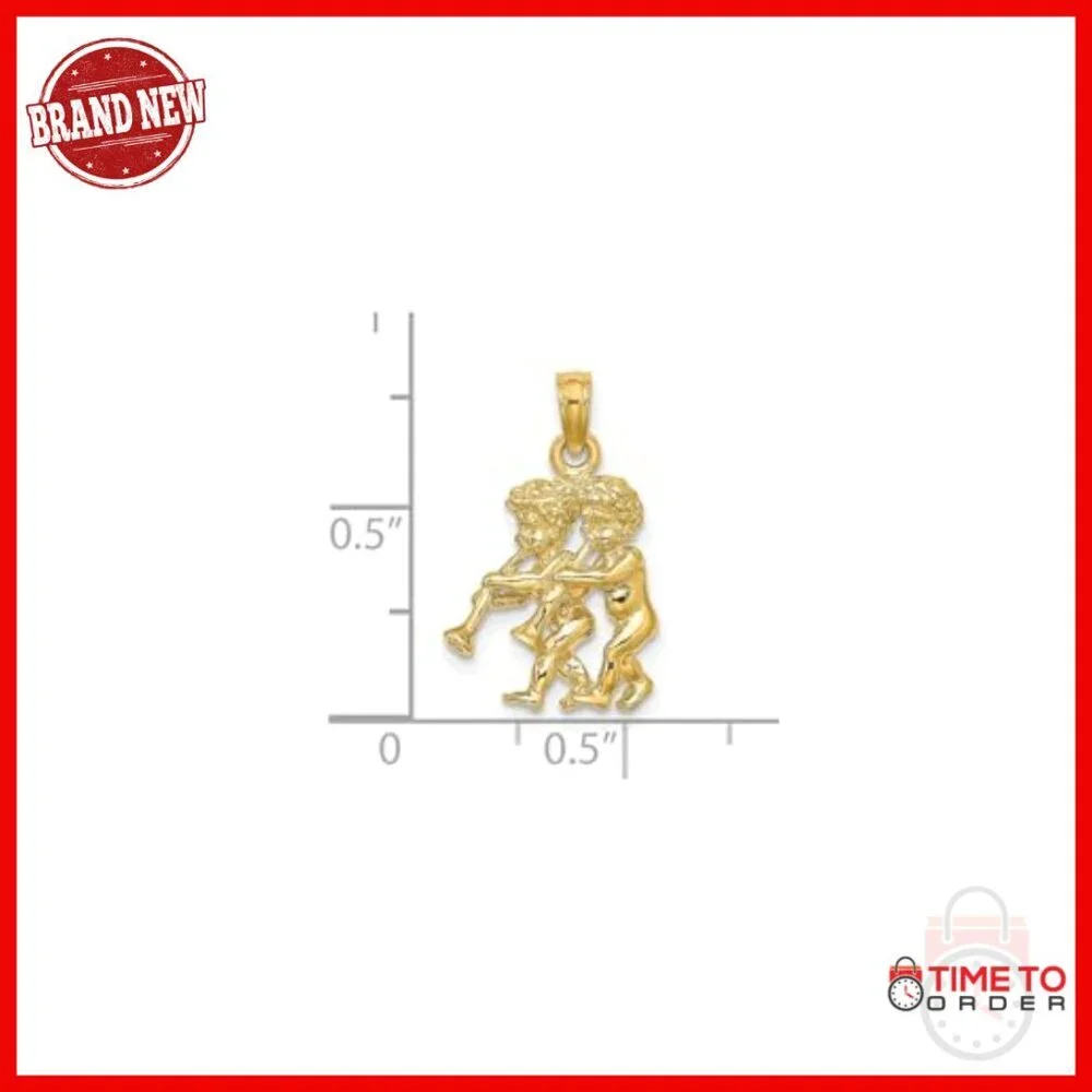 14K Yellow Gold Twin Cherub Trumpet Pendant Necklace, Baroque Angel Charm